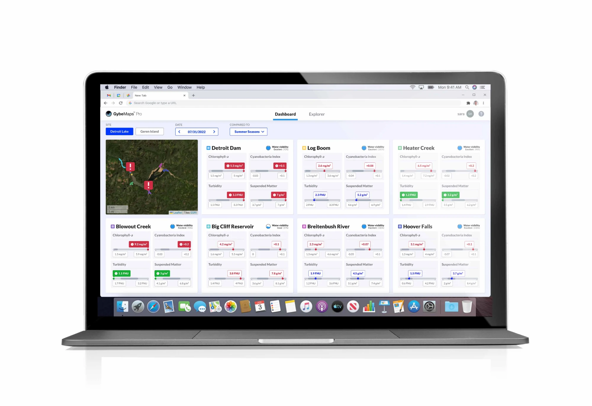GybeMaps dashboard showing Detroit Lake and water-quality readings for several monitoring locations