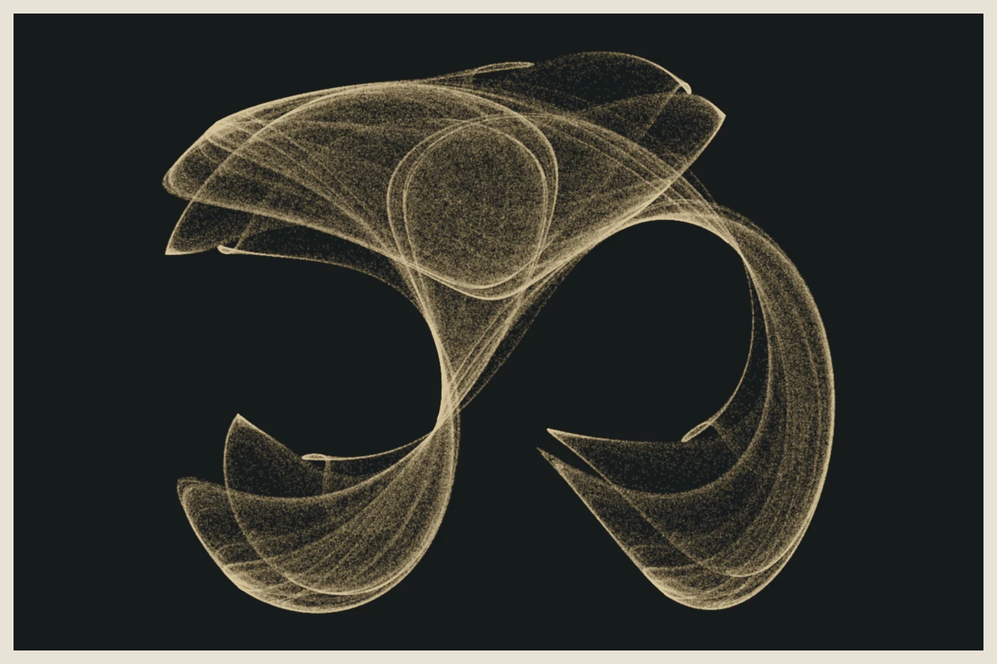 A gold-colored Clifford attractor with flowing, folded forms on a dark background and a pale border