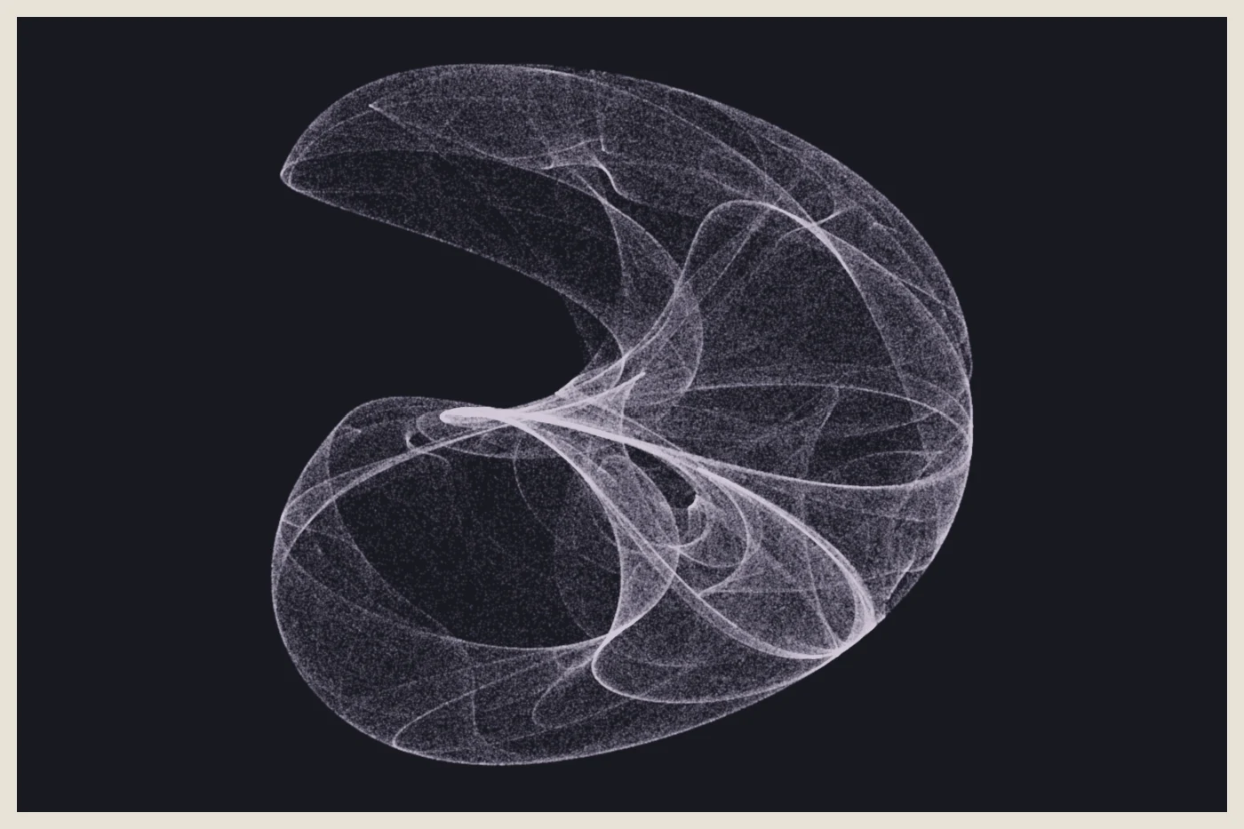 A pale lilac De Jong attractor with a dense woven structure against a dark ground