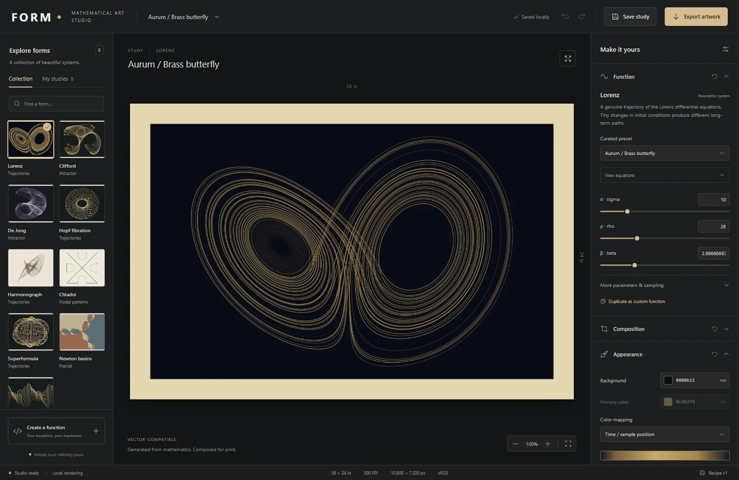 FORM desktop studio with a mathematical artwork preview and controls for function, composition, appearance, typography, and print