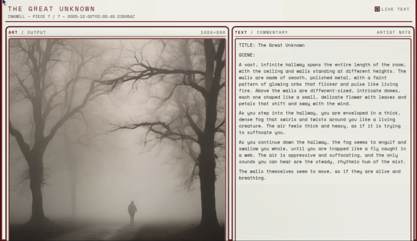 The Great Unknown in Inkwell’s off-white gallery: a figure in a foggy forest, beside generated scene commentary