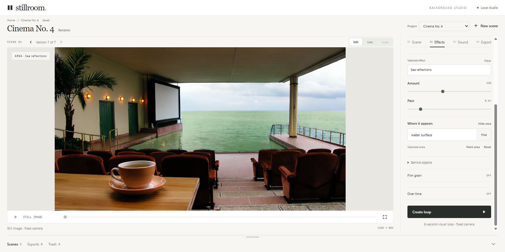 StillRoom showing the selected water area in Cinema No. 4, highlighted in front of the seating