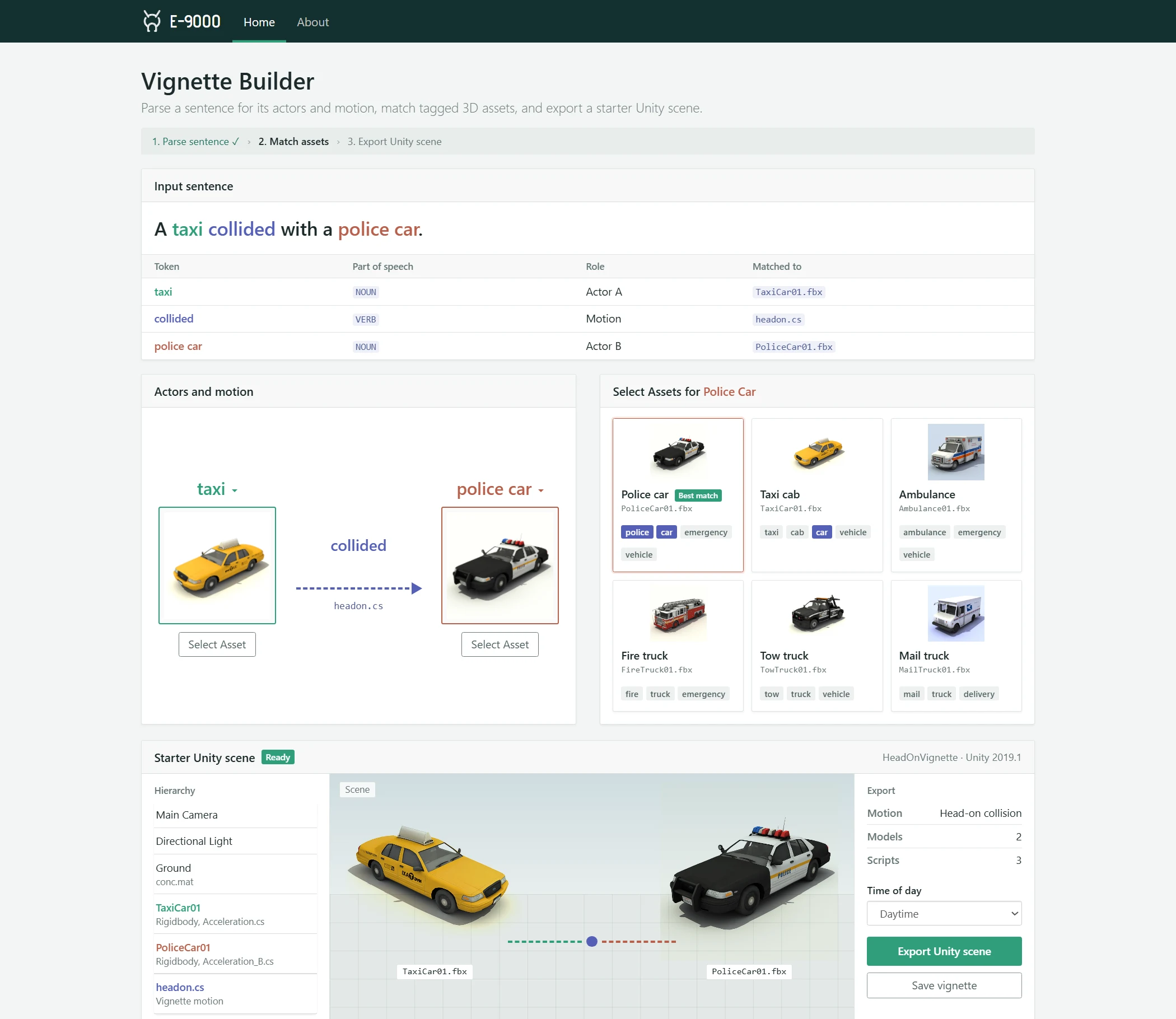 E-9000 vignette builder showing a parsed sentence, tagged 3D model matches for a taxi and a police car, and the starter Unity scene ready to export
